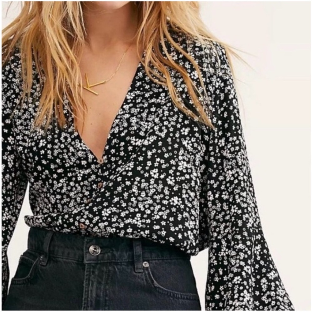 Free People Long Sleeve Bodysuit - Black and White Floral Pattern Lace Blouse